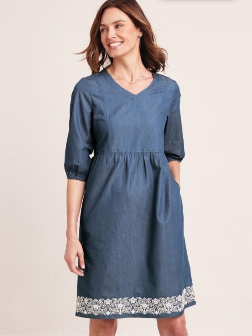 Women's Denim Dress with Embroidered Hem